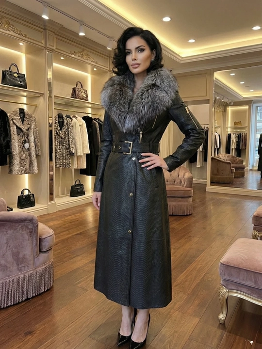 Ayollar charm paltosi tabiiy chernoburka mo‘ynasi bilan, uzunligi 120 sm, belbog‘li trench