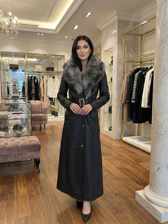 Ayollar charm paltosi tabiiy chernoburka mo‘ynasi bilan, uzunligi 120 sm, belbog‘li trench