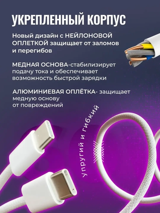 Type-C to Type-C kabel – 1m, iPhone 15/16, MacBook, tez zaryadlovchi, oq rang