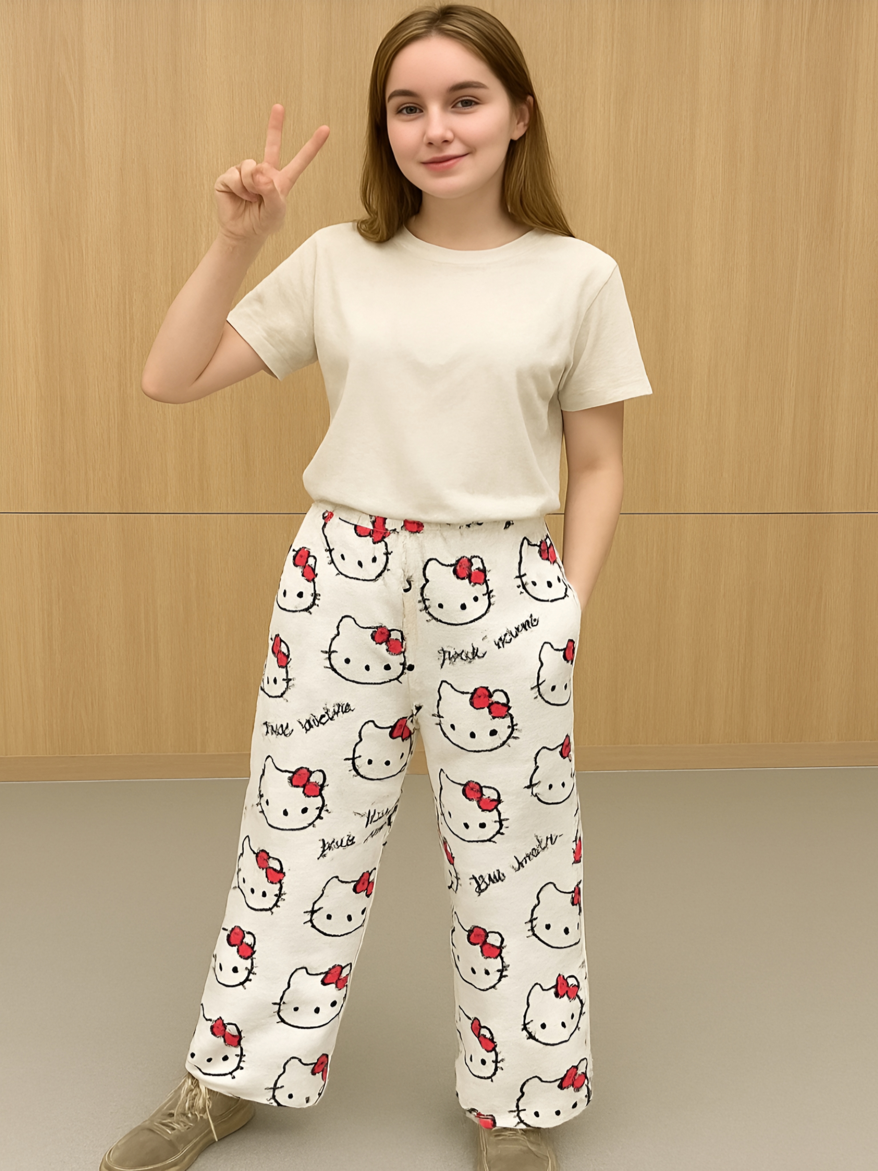 Yumshoq, peluş, Hello Kitty uy shimlari, keng o'lchamli, pijama, rezinkada