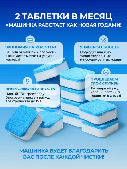 Средство для очистки барабана, стиральных машин, от накипи, грязи, шипучие таблетки, 12 шт
