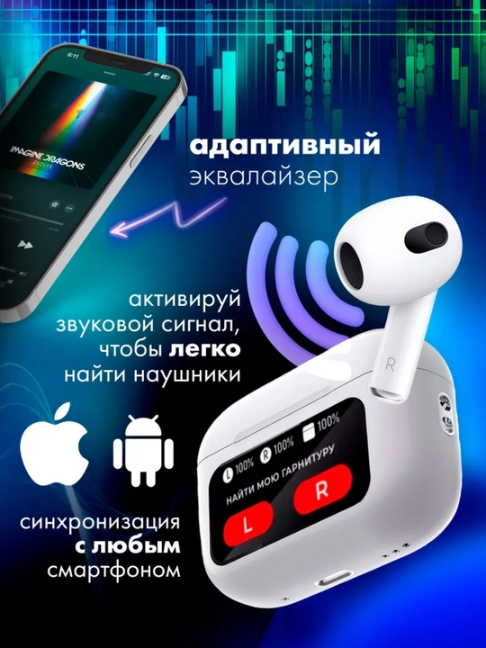 Simsiz quloqchinlar, displeyli, iPhone va Android Pods Pro 2 iOS uchun, sensorli ekrani