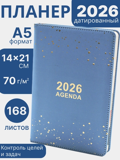 168 листов 2026 А5 Ежедневник эко кожа, планнер блокнот годовой датированный почасовой — KANSTUZ-26AGENDA-ГОЛУБ