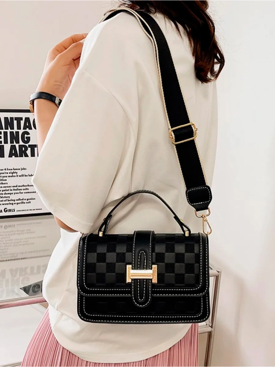 Sumkasi ayollar yelka crossbody, qora katakli, uzun tasma, kundalik