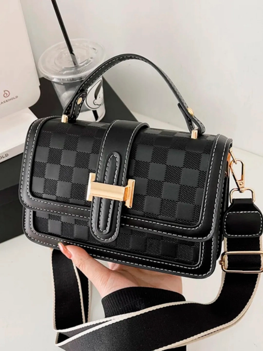 Sumkasi ayollar yelka crossbody, qora katakli, uzun tasma, kundalik