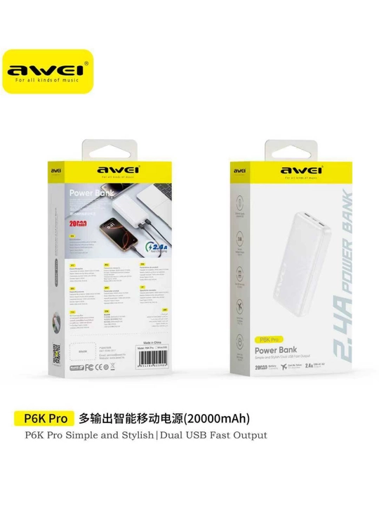 Akkumulyator Power Bank AWEI, 20000 mAh, tez zaryadlash, 3 ta port, oq rang