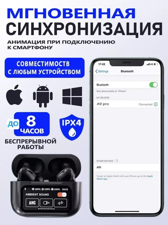Simsiz quloqchinlar, displeyli, iPhone va Android Pods Pro 2 iOS uchun, sensorli ekrani