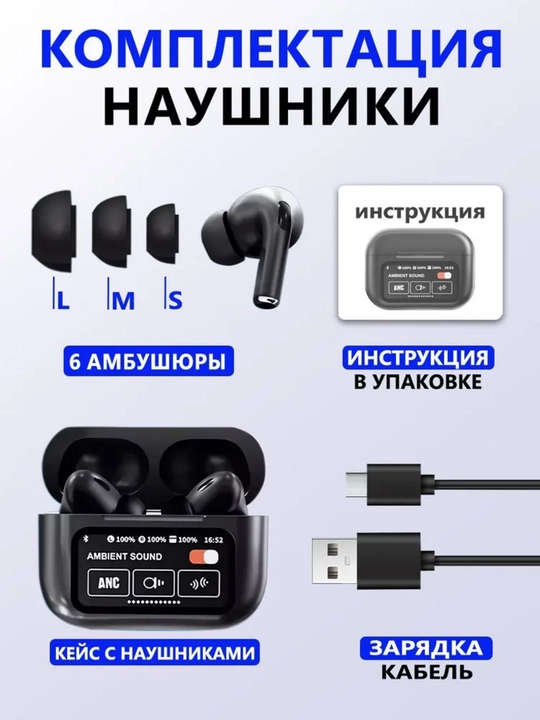 Simsiz quloqchinlar, displeyli, iPhone va Android Pods Pro 2 iOS uchun, sensorli ekrani