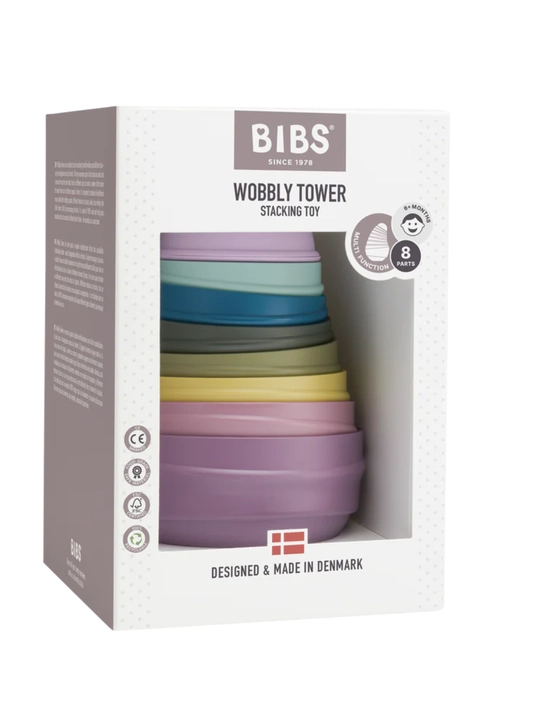 BIBS Wobbly Tower rivojlantiruvchi minorcha o‘yinchoq, Pastel & Bright Rainbow