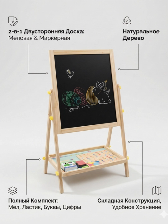 Мольберт детский деревянный двусторонний 2 в 1: магнитно-маркерная и меловая доска 