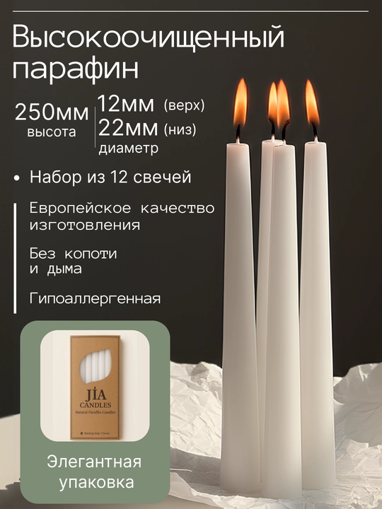 Набор конусных свечей JIA, белые, 23x12x250, 12 шт в коробке
