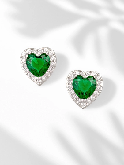 Серьги сердечки - сережки гвоздики, сердце из кристаллов, бижутерия Amadora, цвет серебро — AMADORA-ER066-ЗЕЛЕН
