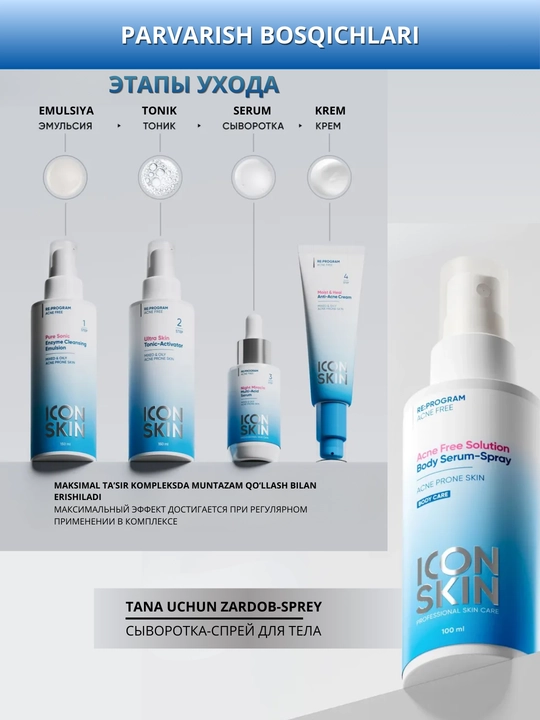 ICON SKIN Tana terisi uchun zardob-sprey, anti-akne, muammoli tana terisi uchun, 100 ml