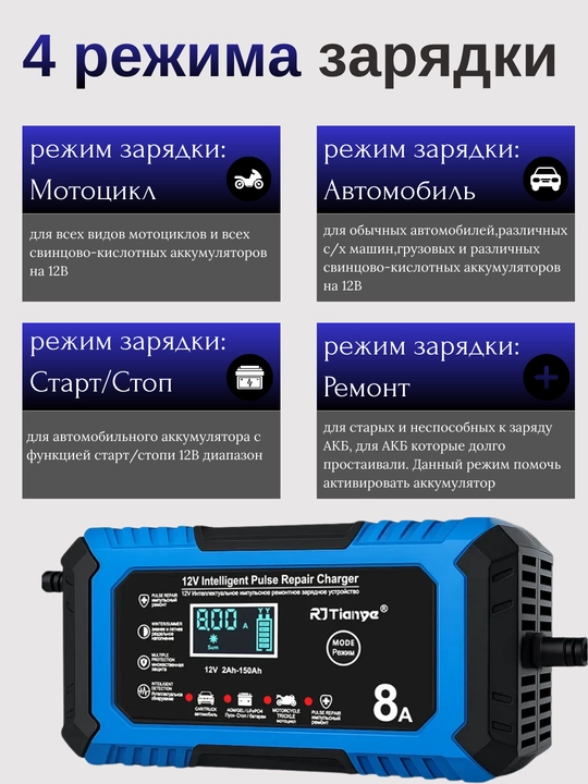 Batareya uchun avtomatik zaryadlovchi, avtomobil 12V, 24V, 6A, 8A, 10A