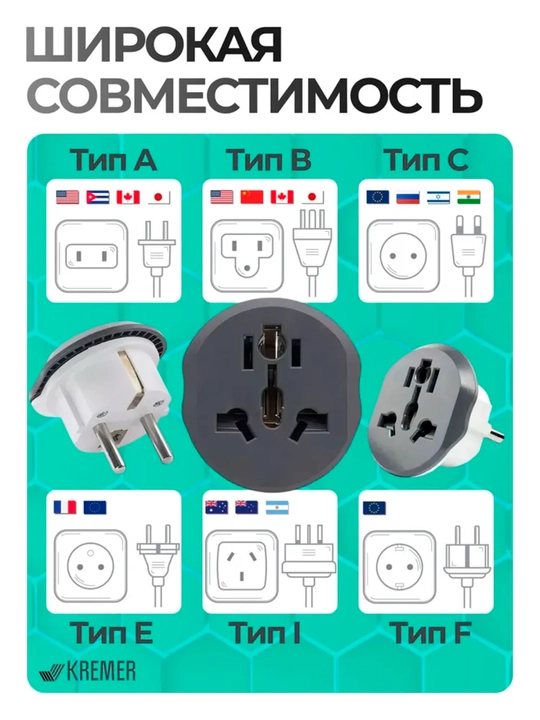Universal adapter Merkan KT168, evro va o'zb rozetka uchun, terminator, 16 A