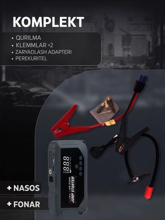 Start-zaryad qurilmasi kompressorli 12000 mA·soat, 3000A, LED fonar, 150 PSI
