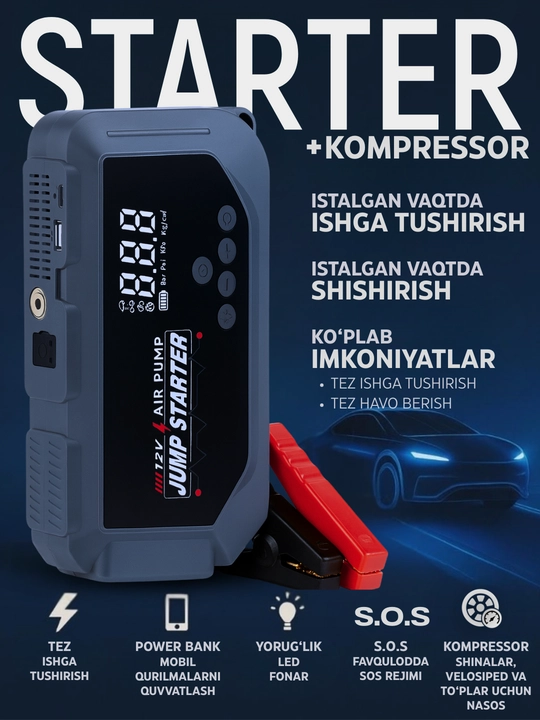 Start-zaryad qurilmasi kompressorli 12000 mA·soat, 3000A, LED fonar, 150 PSI - 