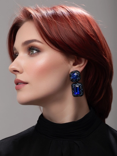 Серьги женские - крупные акцентные сережки, бижутерия Amadora, замок гвоздик, 4 цвета — AMADORA-ER023-СИНИЙ