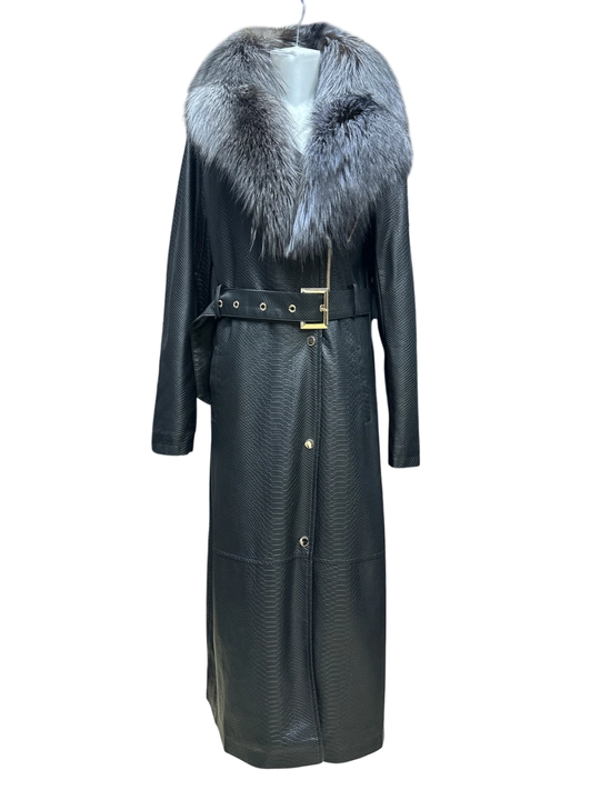Ayollar charm paltosi tabiiy chernoburka mo‘ynasi bilan, uzunligi 120 sm, belbog‘li trench