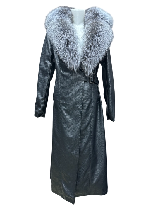 Ayollar charm paltosi tabiiy chernoburka mo‘ynasi bilan, uzunligi 120 sm, belbog‘li trench