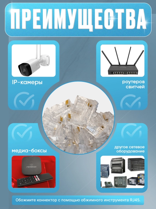 Набор сетевых разъёмов RJ45 (8P8C), прозрачные, для витой пары UTP/FTP Cat5e