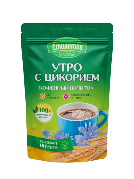 "Sikoriy" qahva ichimligi, "Столетов" eruvchan kukuni, ertalab sikoriy bilan, 100 g - 