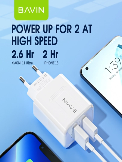 BAVIN: зарядное устройство с двумя USB, быстрая зарядка, евровилка - 