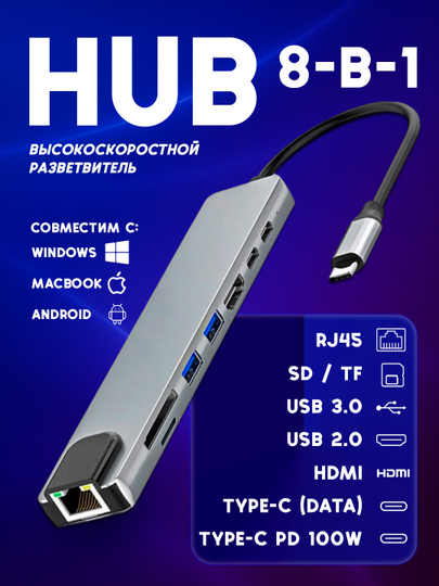 USB-C HUB 8-в-1 переходник, док-станция, HDMI 4K, RJ45, SD/TF, USB, PD 87W