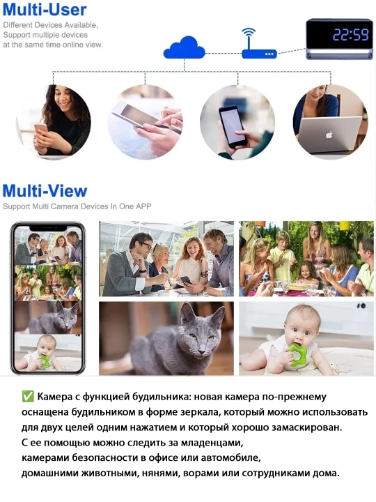 Mini kamera, Budilnik soat 4K Full HD,  Wi-Fi, simsiz kuzatish, tunggi kuzatuv, metalllik