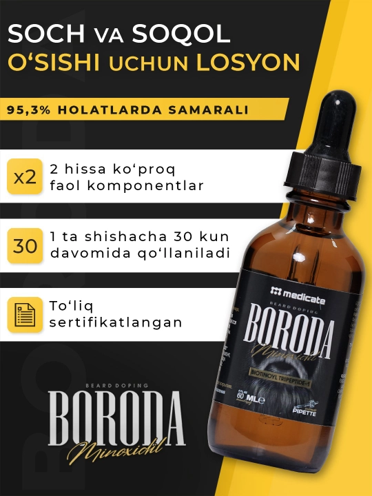 BORODA средство для роста бороды minoxidil 12,5%, 60 мл + пипетка
