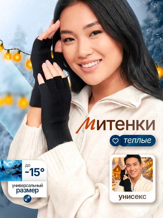 Перчатки без пальцев, перчатки для мужчин, женщин и детей, митенки, тёплые, короткие - 