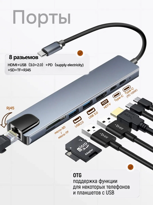 USB Type-C 8 в 1 для MacBook, USB-концентратор 3.0 адаптер для Macbook, HDMI