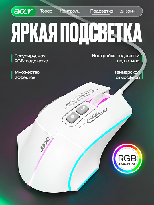Игровая мышь Acer OMW950 RGB 7200 DPI — точность, скорость и полный контроль