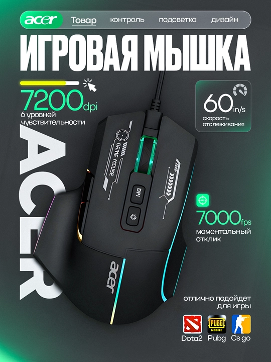 Игровая мышь Acer OMW950 RGB 7200 DPI — точность, скорость и полный контроль - 