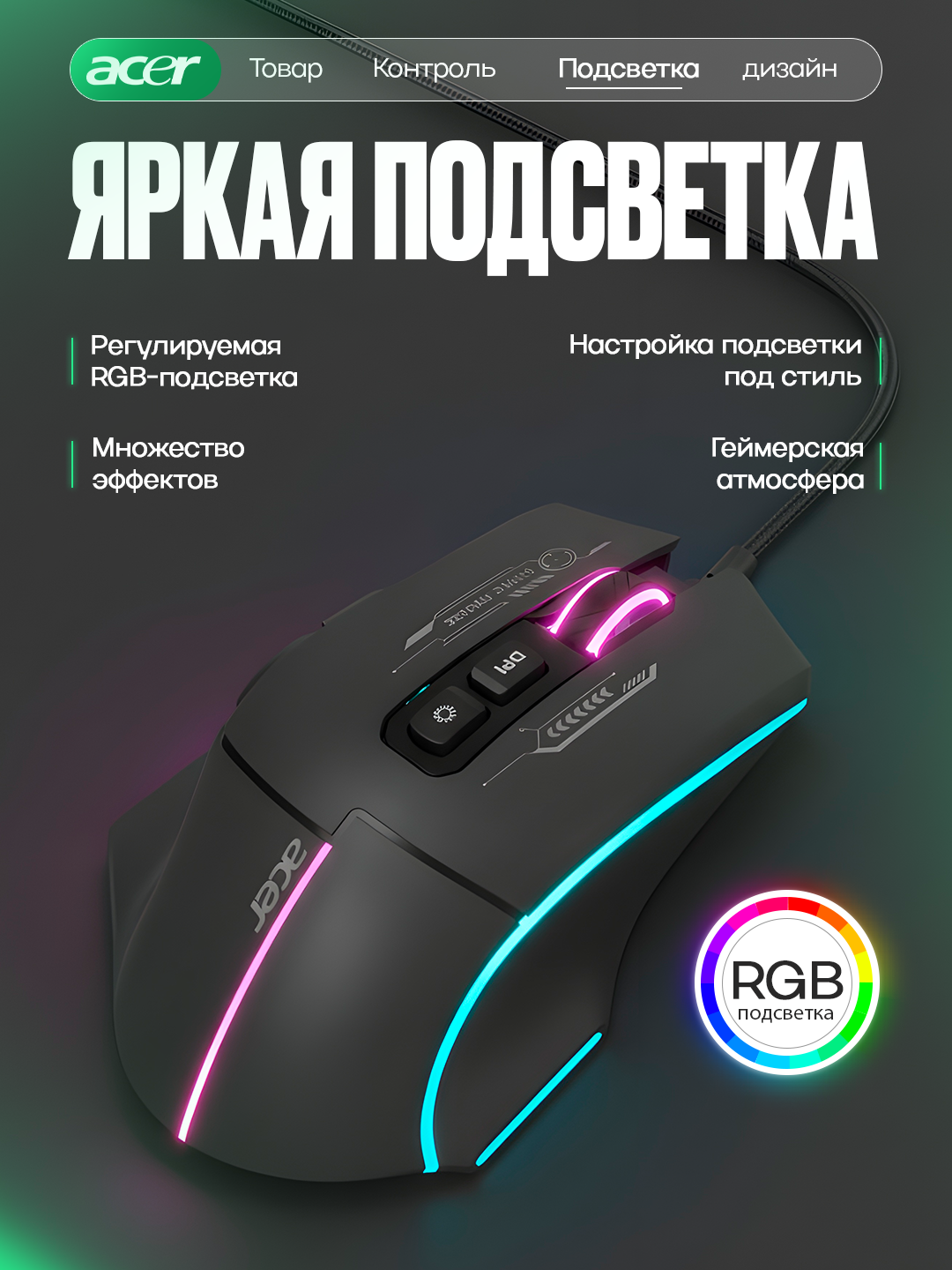Игровая мышь Acer OMW950 RGB 7200 DPI — точность, скорость и полный контроль
