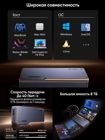 UGREEN Tashqi qattiq disk uchun korpus 40Gbps M.2 NVMe USB-C 4.0 SSD korpus 3