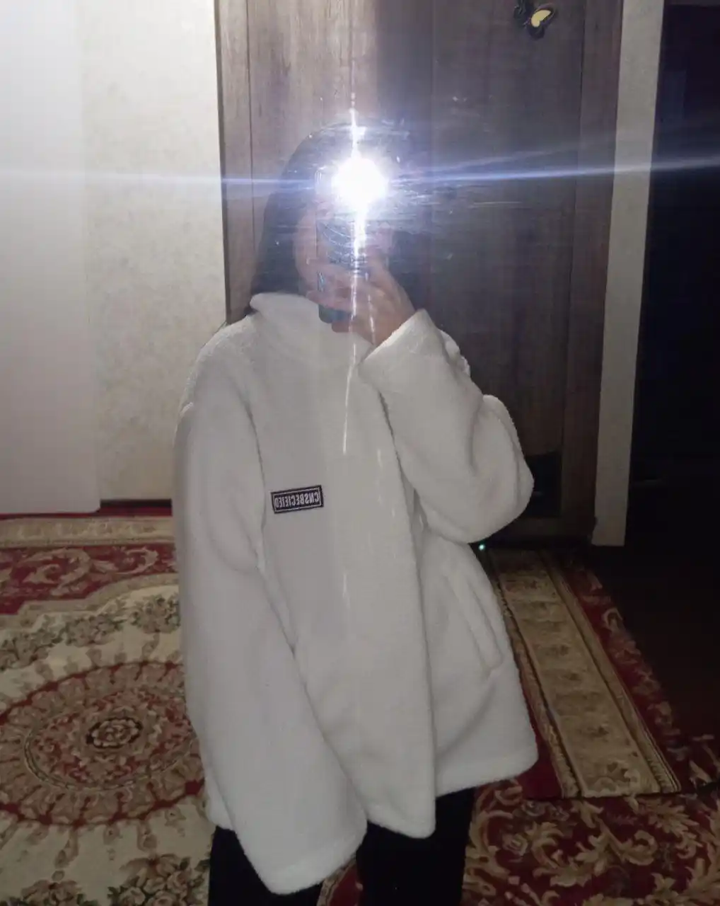 Ayollar uchun teddy kurtka, issiq yumshoq plyushli oversayz kuz-qish, sut rangli, zamokli