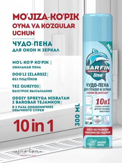 Средство для мытья окон, стекол и зеркал без разводов Barfin, мята 300 мл — COSMOHO-20098