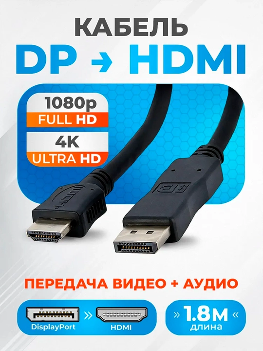 Kabel Display Port - HDMI, FullHD, 2К, 4К, 1.8 m