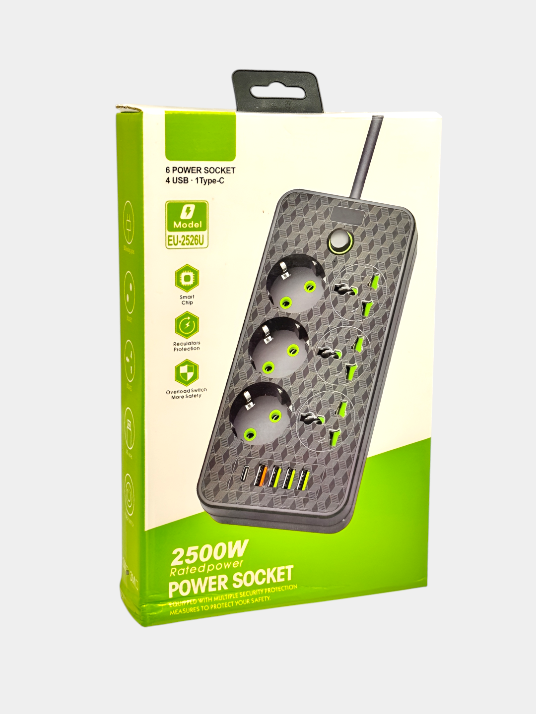 3 evro rozetkali, 2 m, 4 USB porti, 1 Type-C Yevropa vilkasi bilan universal uzatma kabeli