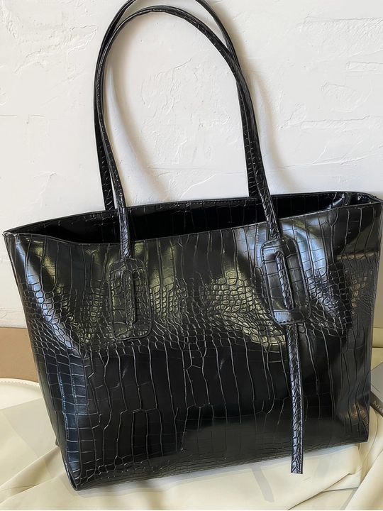 Ayollar uchun laklangan shopper sumka ZARMINA, eko-charm, krokodil teksturali, qora - 