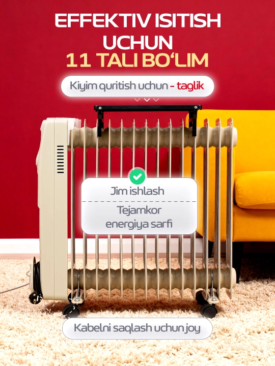 Yog‘li isitgich 13–15 seksiyali, termostatli, kiyim quritgichli