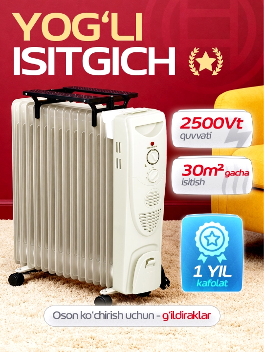 Yog‘li isitgich 13–15 seksiyali, termostatli, kiyim quritgichli - 