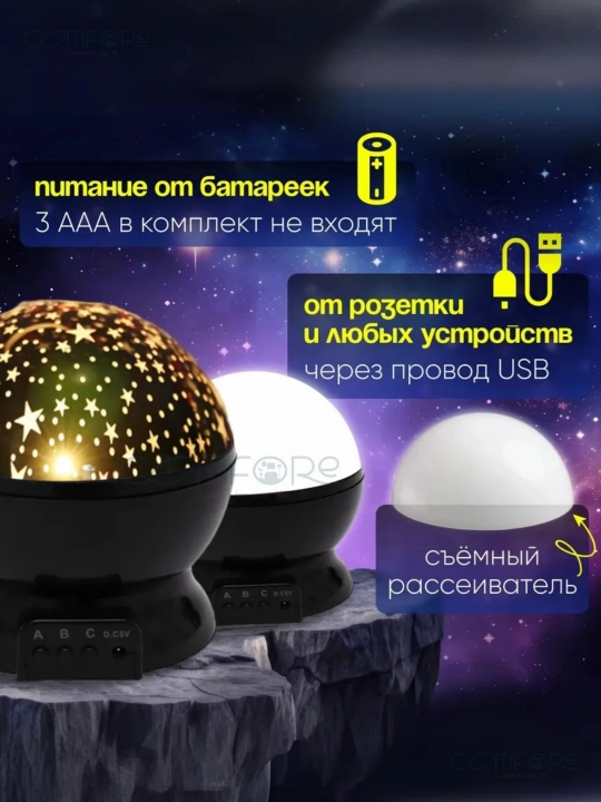 Tungi chiroqlar bolalar uchun, yulduzli osmon proektori, svetodiodli, aylanadigan