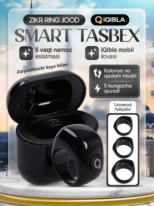 Elektron Tasbeh Zikr Ring Jood, zaryad keysi bilan, namoz vaqti eslatmasi, universal uzuk - 