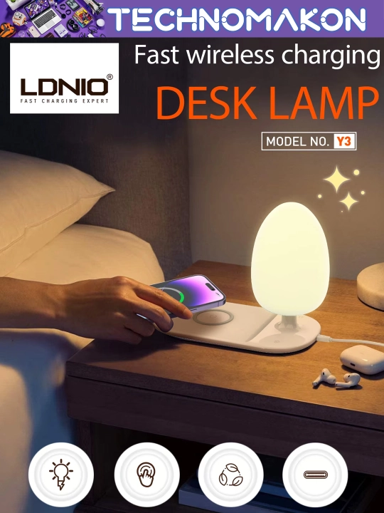 LDNIO Y3 3in1 stol lampasi-tungi chiroq, simsiz tezkor quvvatlash funksiyasi, magnitli
