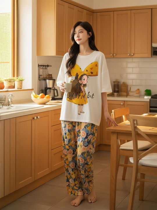 Ayollar va qizlar uchun pijama to‘plami, ko‘ylak va shim, kichik o‘lchamli