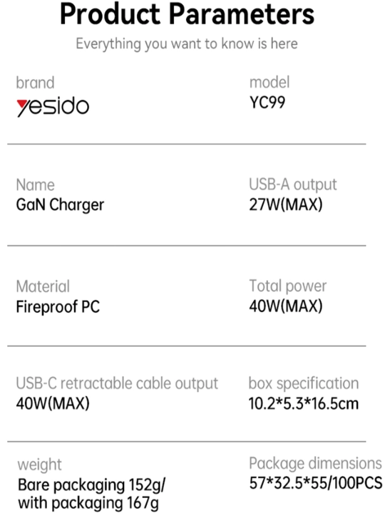 Yesido YC99 40 Vt quvvatli tez zaryadlovchi qurilma, tortib olinadigan teleskopik Type-C