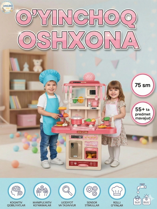 Suv, bug 'va yorug'lik bilan jihozlangan bolalar o'yin oshxonasi