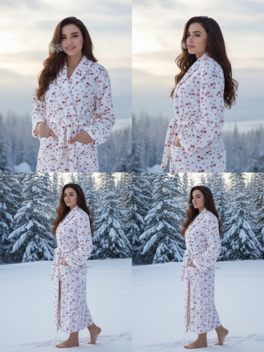 Ayollar uchun gulli printli hammom xalati, kamarli, S–XL o‘lchamlar